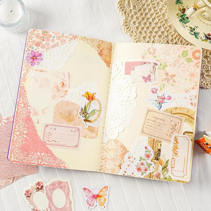 560 Sheets Floral Scrapbook Paper with Stickers Assorted Set, 7 Colors Scrapbooking Paper Vintage Scrapbook Supplies Kit Craft Decorative Papers for DIY Scrapbooks Junk Journals Planner Crafts