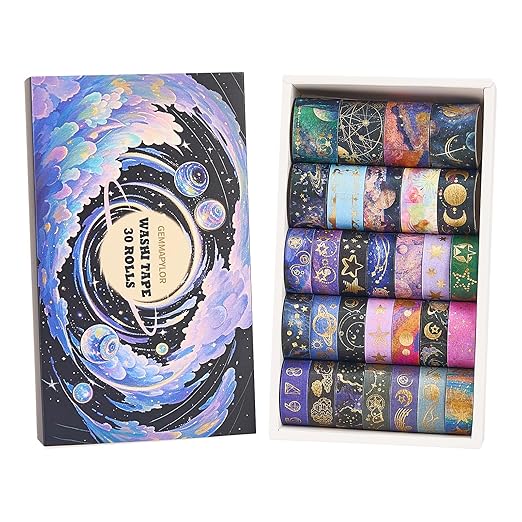 Gold Foil Washi Tape Set 30 Rolls,Celestial Decorative Masking Tape for Junk Journal, Journaling & Scrapbook Supplies, DIY Crafting Supplies