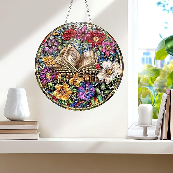 Wergund 5D DIY Book Diamond Art Hanging Kits, Hanging Diamond Art Flower, Acrylic Special Shaped Rhinestone, Window Hanging Pendants for Home Wall Garden Front Door Outdoor Decor Gift(Book)-1