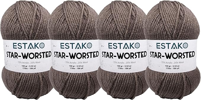 Estako Star-Worsted Yarn - (4 Skeins Pack) - 75% Acrylic 25% Wool - Soft Medium Weight #4 - (4 x 3.52 oz / 4 x 186 yds) - Crochet & Knitting Yarn (47012 - Mink)