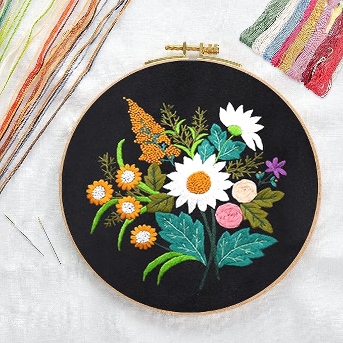 CREAWONDER Canvas Tote Bag Embroidery Kit with Pattern for Beginners, Arts and DIY Embroidery Crafts Kits for Adults, Include Instructions, Thimble, Embroidery Hoops, Color Threads and Tool