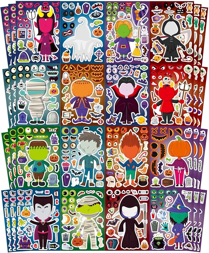 48 sheets halloween make a face stickers for kids, 16 design make your own character mix and match stickers sheets halloween party crafts trick or treat