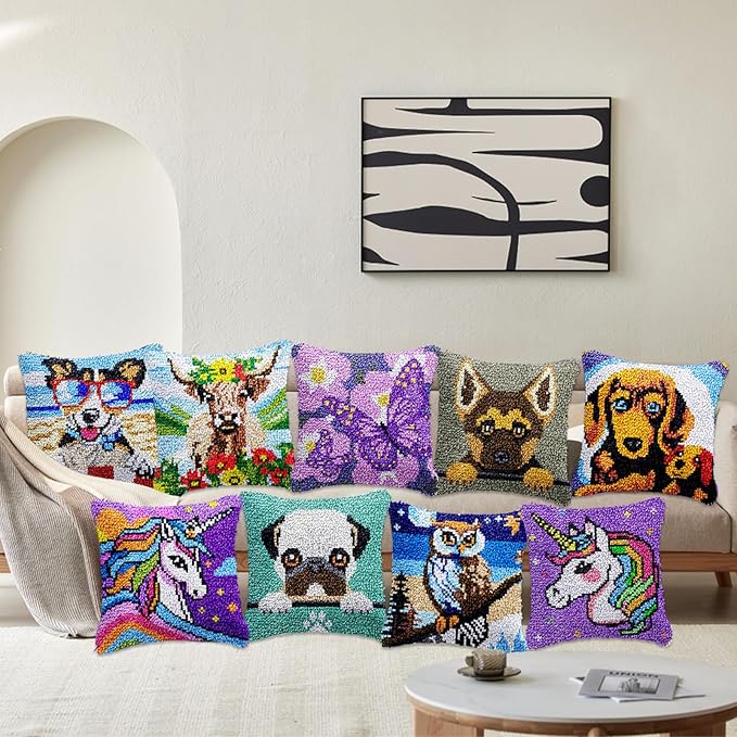 German Shepherd Puppy Latch Hook Kits for Adults Kids, Beginners DIY Throw Pillow Kit Pre-printed Pillowcase Hook and Latch Rug Kits Cross-stitch Cushion Cover for Home Sofa Decoration 17x17 inch