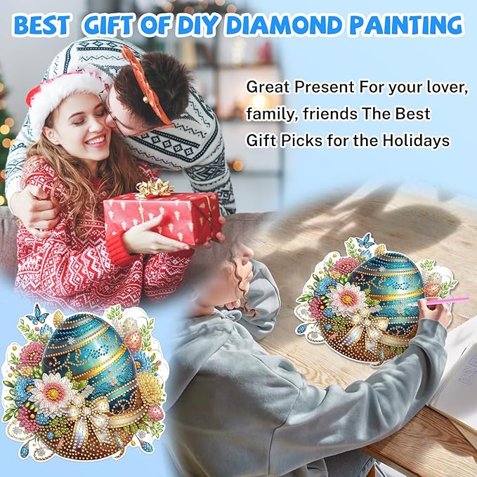 Bowetile Easter Diamond Art Hanging Kits for Adults, 5D Special Shape Diamond Painting Egg Kits, Easter Egg Diamond Gem Art Suncatchers Painting Pendant Home Decor, Gifts for Easter