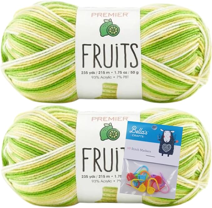 Premier Yarns Fruits, Acrylic Sock Yarn, 2-Pack Bundled with Bella's Crafts Stitch Markers (Lime)