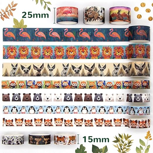 wapetashi cute washi tape set, 38 rolls animals washi tapes for journaling supplies, 25mm & 15mm wide kawaii tape for scrapbooking, planners, diy crafts, gift for kids