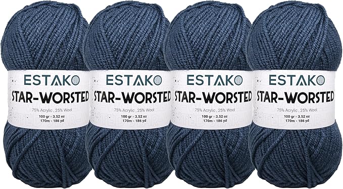 Estako Star-Worsted Yarn - (4 Skeins Pack) - 75% Acrylic 25% Wool - Soft Medium Weight #4 - (4 x 3.52 oz / 4 x 186 yds) - Crochet & Knitting Yarn (45096 - Oil Blue)