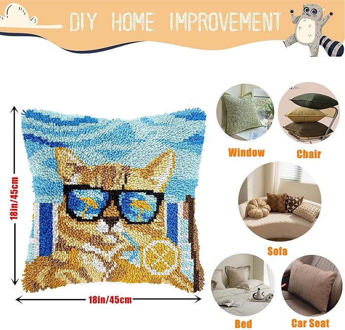 EMISTEM Latch Hook Kits for Adults - Latch Hook Pillow Kits, Crochet Yarn Kit for Beginners, Cross-Stitch Embroidery Cushion Cover Case with Printed Canvas. (Sunglasses Cat,17x17 inch)