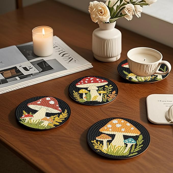 EWJRNSF 6 PCS 5D Diamond Painting Coasters Kits with Holder, Small Diamond Art Kits for Adults Beginners Diamond Dots Arts and Crafts Gems Supplies Item Mushroom Shaped