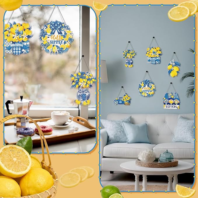Zonon 6 Pcs Lemon Diamond Art Hanging Sign Decor Summer Capri Lemon Diamond Painting Kits Blue Yellow Adult DIY Craft Art Acrylic Hanging Pendant Ornaments Wreath for Wall Window Home Decorations