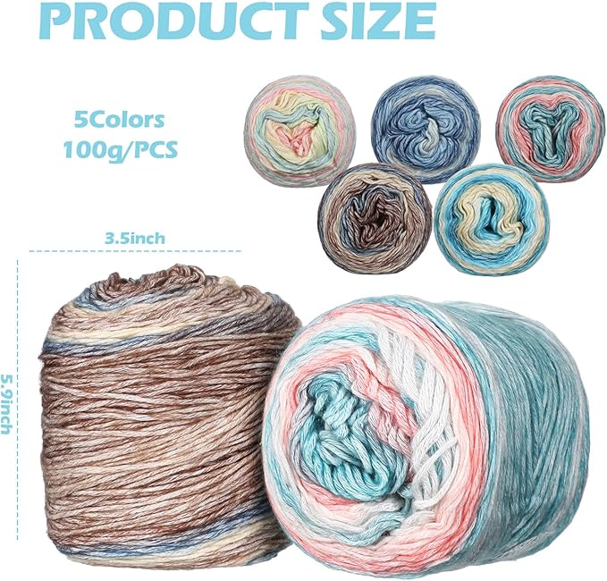 Timgle 5 Rolls Ombre Cake Yarn for Crocheting & Knitting, 3.5oz/100g 328yds Multicolor Self Striping Gradient Yarn, Soft 60% Cotton 30% Acrylic 10% Wool for Scarves Shawls Blankets Garments(Blue)
