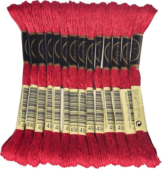 LE PAON Embroidery Floss, 14-Pack Six Strands 100% Long Staple Cotton Embroidery Thread, 8.7-Yard，Color Number：498, Dark Red