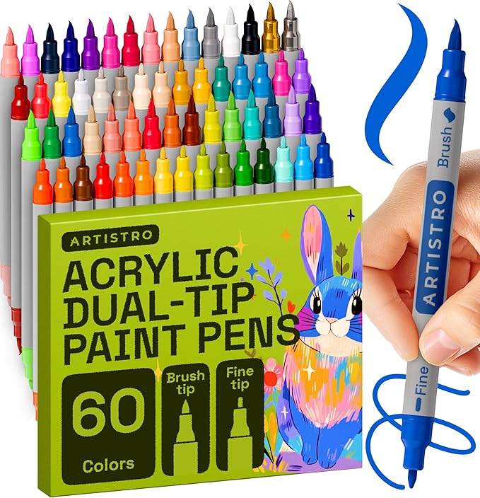 ARTISTRO 60 Acrylic Paint Markers - Paint Pens for Drawing, Brush + Fine Tips - For Fabric, Rock, Glass, Wood, DIY, Eggs - Art & Craft Supplies for Adults, Teens, Kids - Easter Basket Stuffers