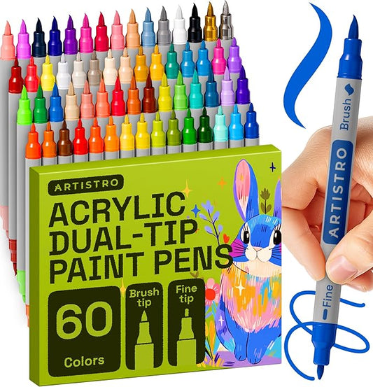 ARTISTRO 60 Acrylic Paint Markers - Paint Pens for Drawing, Brush + Fine Tips - For Fabric, Rock, Glass, Wood, DIY, Eggs - Art & Craft Supplies for Adults, Teens, Kids - Easter Basket Stuffers