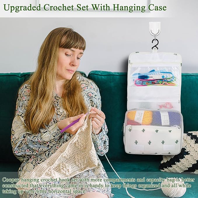 coopay upgraded crochet kit for beginners, crochet set with hanging case & 8 yarn for crocheting, 63pcs crocheting hook set w book, knitting hooks ergonomic soft grip & knitting crocheting supplies