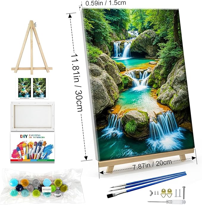 JOOZ Paint by Numbers Kit for Adults with Frame Waterfall Paint by Number with Easel Mountain Adult Paint by Number Kits Framed Canvas DIY Oil Painting Kits for Gift Home Wall Decor 8x12 Inch