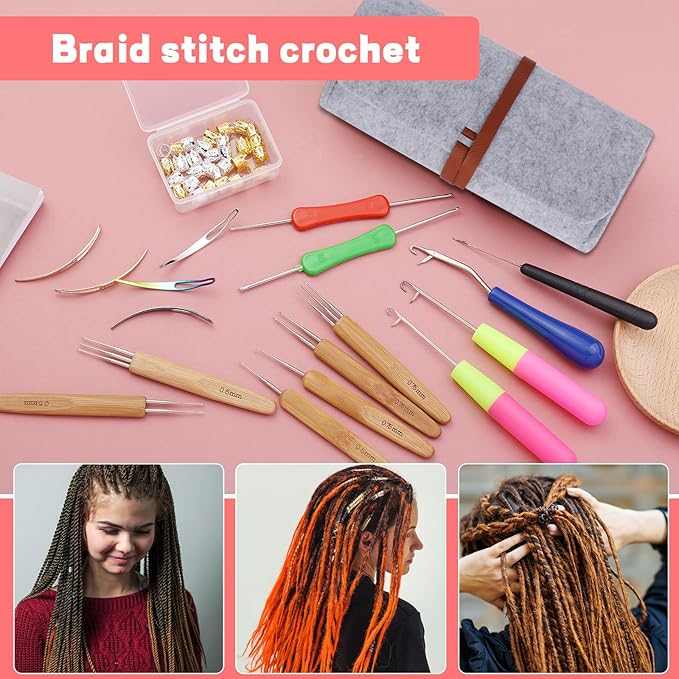 Loc Crochet Needle, 48 Pcs Dreadlock Crochet Hook, 6 Dreadlock Crochet Needle, Crochet Hooks for Hair, Different Size Bent Latch Hook with Case and Dreadlocks Tool (Light Gray)