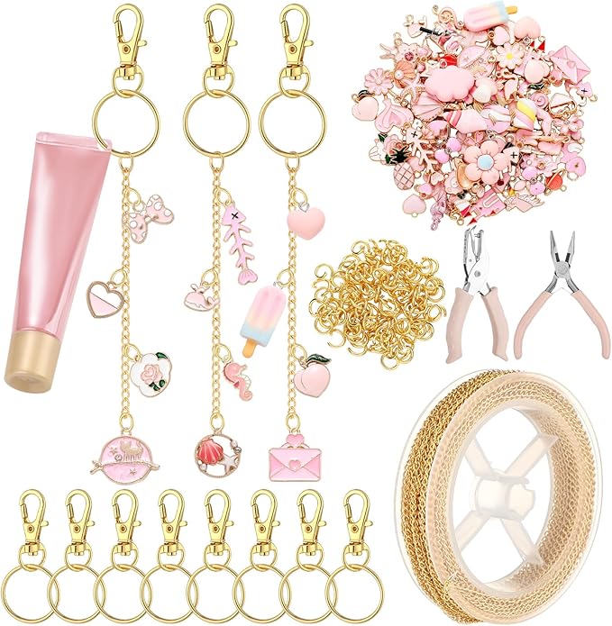 VioraWhite 213 Pcs Valentines Lip Gloss Keychain Making Kit 100 Pink Enamel Charms 32.81 ft Gold Chains for Galentines DIY Crafts Women(Elegant)