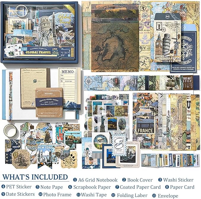 Scrapbooking Supplies Kit, Aesthetic Junk journaling Supplies, Scrapbook Kit with Bullet Journaling Stickers, Stationary Set, Vintage Ephemera Collage Craft Supplies Gift for Adults Women Beginner