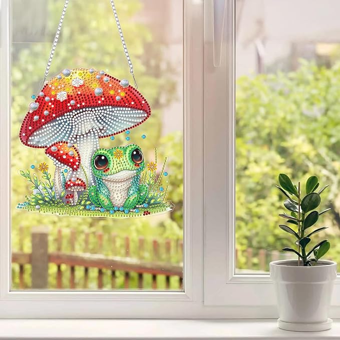 MAXBYE Frog Mushrooms Diamond Art Painting Kits for Adults Beginners Hanging Pendent, DIY 5D Special Shaped Crystal Diamond Painting Kits Ornament for Gift Home Wall Door Decor 8×8 Inch