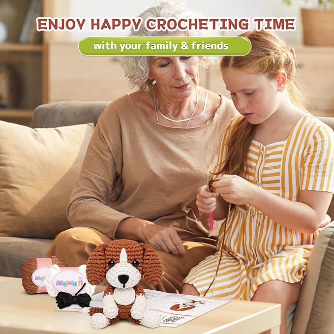 Mewaii Crochet Kit for Beginners Level 2 with 40% Extra Eco-Friendly Pre-Started Easy Yarn, Step-by-Step Video Tutorials for Adults and Kids (Sitting Puppy)