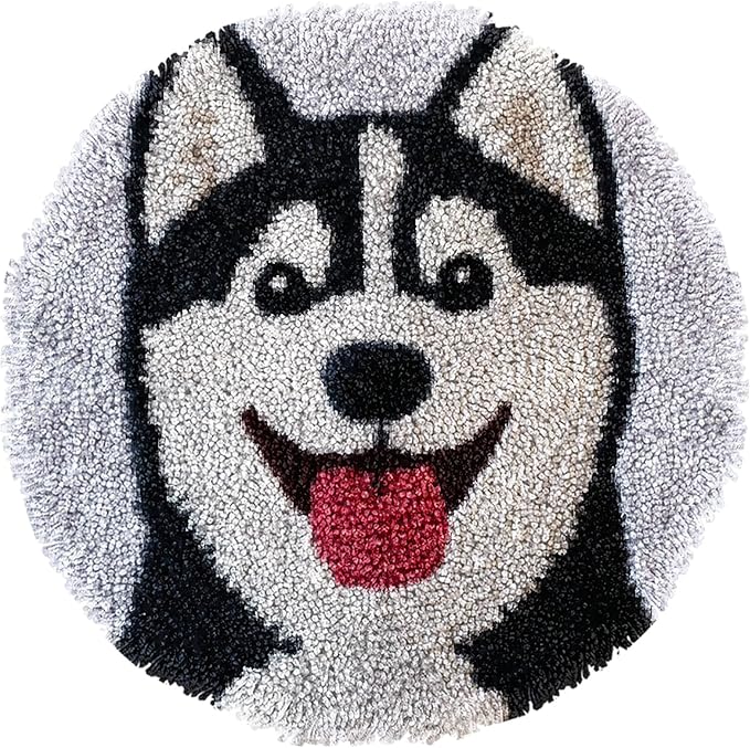 Latch Hook Rug Kit Husky Dog Easy for Beginners Round Shape Carpet Crochet Yarn Craft Mini Rug DIY Hook and Latch Little Tapestry for Home Decor 30x30cm
