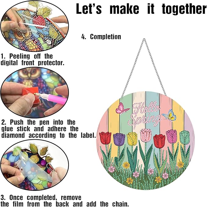 LOMSIOY Diamond Art Hanging Kit for Adult, Spring Front Door Sign Window Hanging for Outdoor, Tulips Double Sided Easter Decor Suncatcers for Porch, Diamond Painting Pendants for Garden 8 x 8 Inch