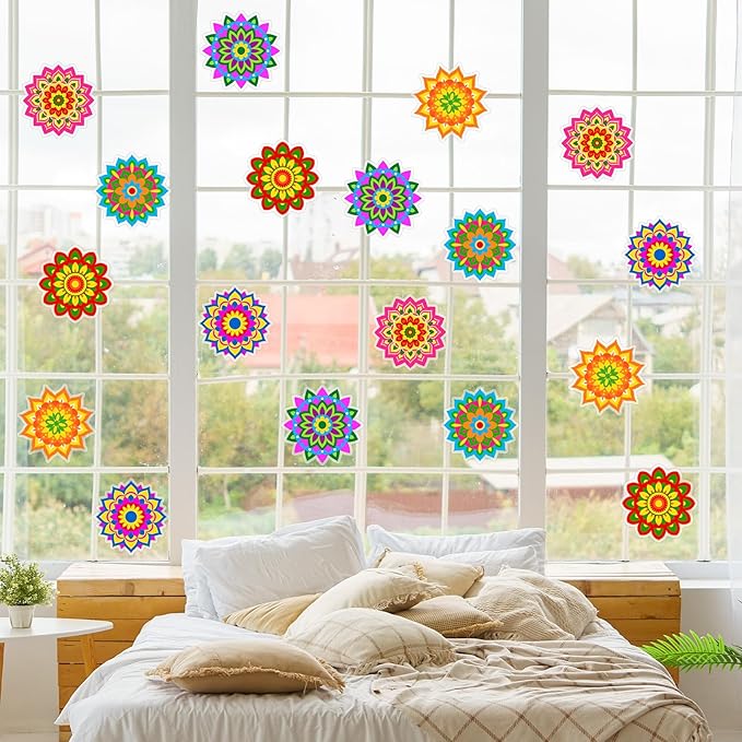 Frienda 36 Pcs Stained Glass Mandala Art Kit DIY Window Clings with Markers 6 Designs Holi Suncatchers Craft Color Your Own Spring Gift Crafts for Adults Seniors Beginners Women Elderly Home Decor