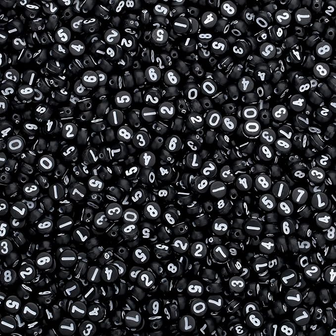 LAIDANLA 1000PCS Acrylic Number Beads White Number Black Round Bead 7×4mm for Jewelry Bracelets Necklaces Key Chains Making