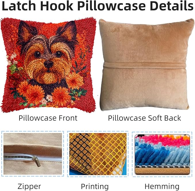 DIY Latch Hook Pillow Kits for Adults Yorkshire Terrier Dog in Flowers Printed Pillowcase Crochet Yarns Hooking Handmade Pillow Cover Cushion for Home Sofa Decoration 17x17inch-7