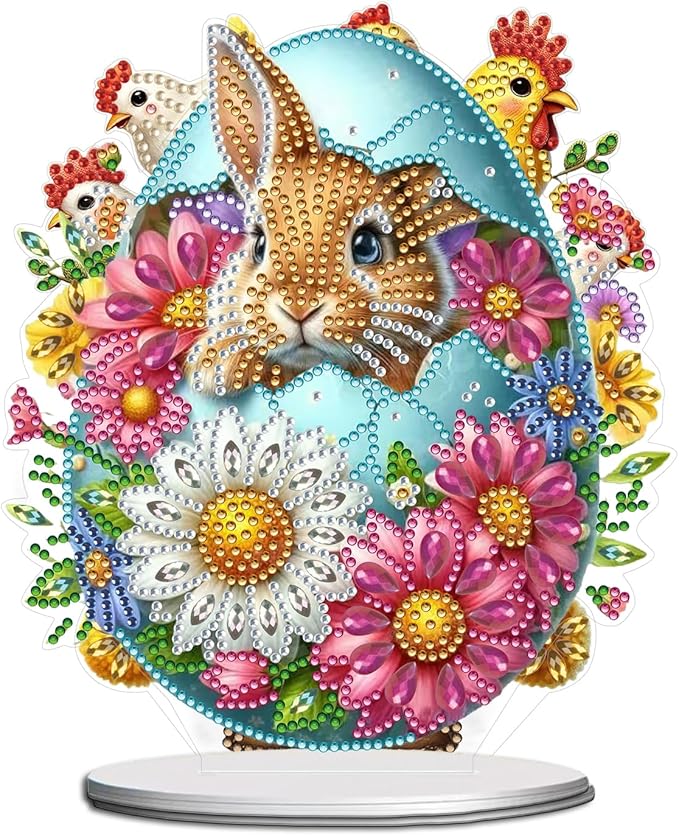 DIY Dot Diamond Desktop Easter Creative Ornaments Diamond Art Painting by Number Embroidery Arts and Crafts Easter for Home Office Garden Decoration (Single Side Dot Diamond)-23-Easter Bunny Egg