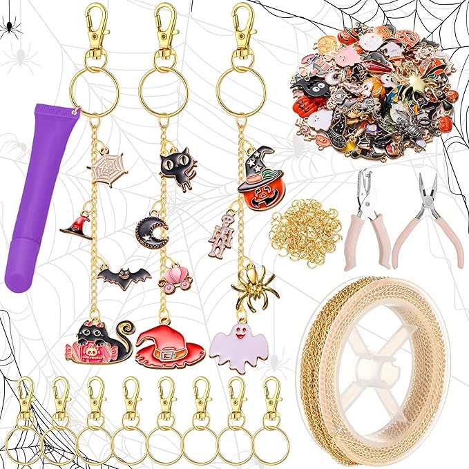 VioraWhite 213 Pcs Halloween Theme Lip Gloss Keychain Making Kit 100 Pink Enamel Charms 32.81 ft Gold Chains for DIY Crafts Women