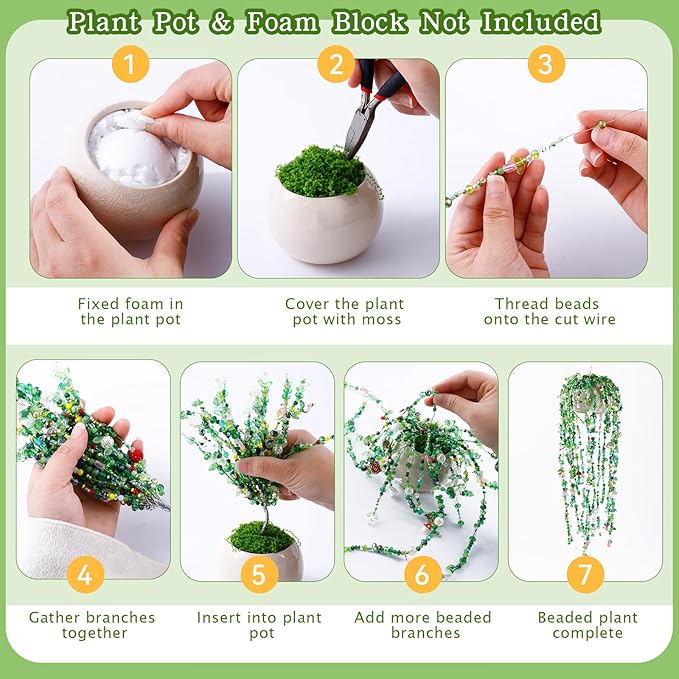 FOGWOWO 5422 Pcs Beaded Plant Kit Forever Plant Kit Green Glass Beads for Plant Making,Green Beads for Beaded Plants with Video Tutorials,Forever Plant Beads Leaf Bead for Jewelry Making DIY Craft