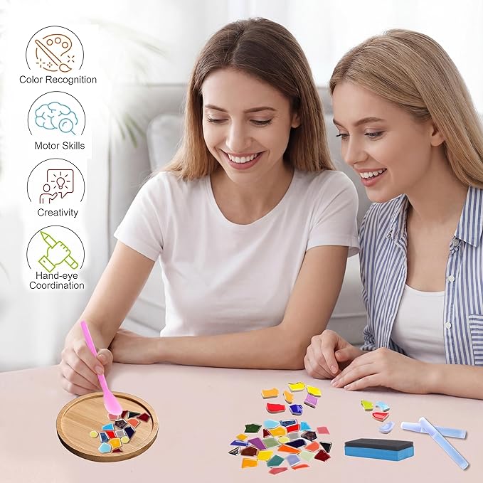 Nuyoach Mosaic Tiles Crafts Kits for Adults,2 Sets DIY Glass Mosaic Craft with Wooden Coaster Making Materials Package for Women Seniors,Ceramic Mosaic Art Bulk Gifts for Home Decor Summer Party