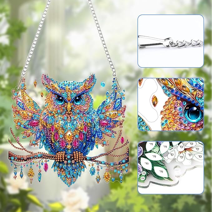 Lxmsja DIY Beautiful Owl Diamond Painting Hanging Ornament, Double-Sided Acrylic Ornate Branch Diamond Art Kit, Special Shaped Suncatcher Hanging Pendant Window Art Kit