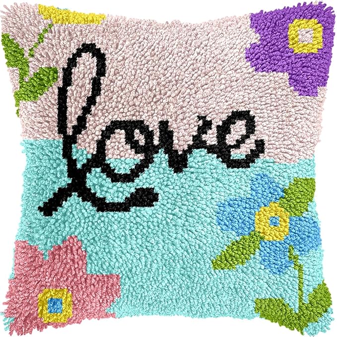 Cozykeke Love Latch Hook Kit,DIY Pillow Cover Cushion Craft Kits with Pre-Printed Canvas for Adults and Beginners, Suitable for Home Decor and Festival Gift 17 * 17in (BX1057)