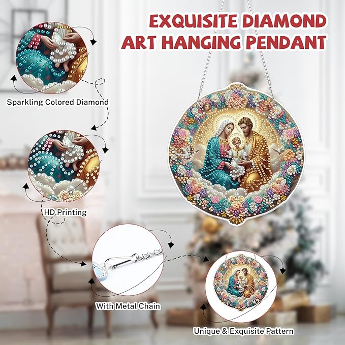 Bowetile Nativity Sence Diamond Art Hanging Kits for Adults, Christmas Diamond Art Suncatchers, 5D Special Shape Diamond Painting Pendant Window Ornament Christmas Gifts for Home Door Wall Decor