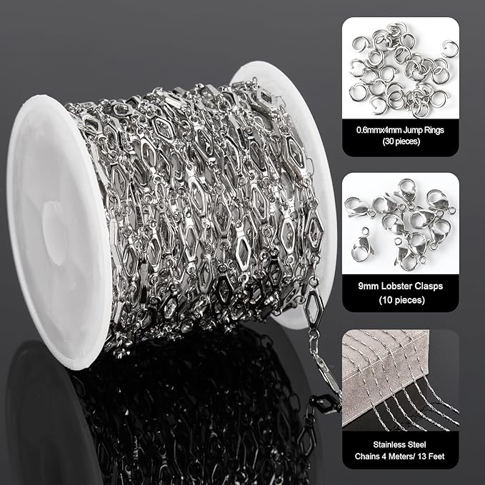 YOUBEIYEE 13 Feet Stainless Steel Chain for Jewelry Making Hollow Rhomboid Link Chain Necklace DIY for Women and Men Jewelry Making Chains Bulk