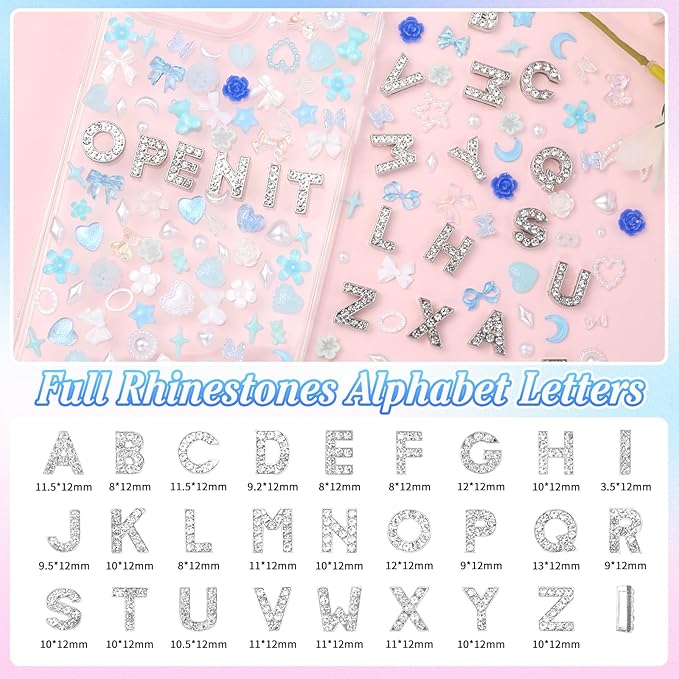 330 Pcs Blue Junk Phone Case Charms 26 Pcs A-Z Rhinestone Alphabet Letter Charms, Mix Flower Bow Heart Pearls Flatback Resin Charms Letter Junk Cases Kit for DIY Crafts