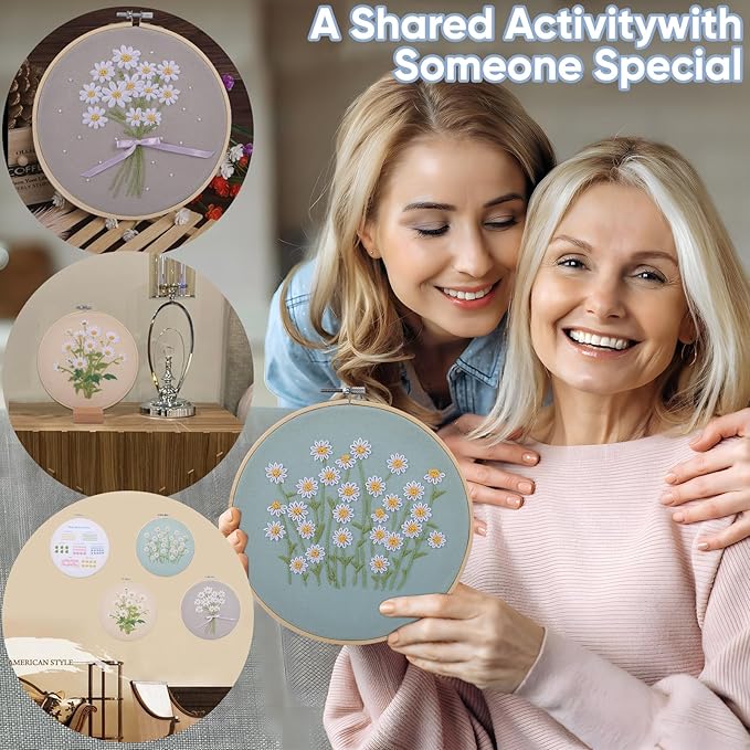 Shyshining Embroidery kit for Adults Beginners,4 Stitch Patterns with 3 Bamboo Hoops & 3 Hoop Stands,Cross Stitch Kits for Adults,Needlepoint Kits,Hand Craft,Step by Step Instructions & Video