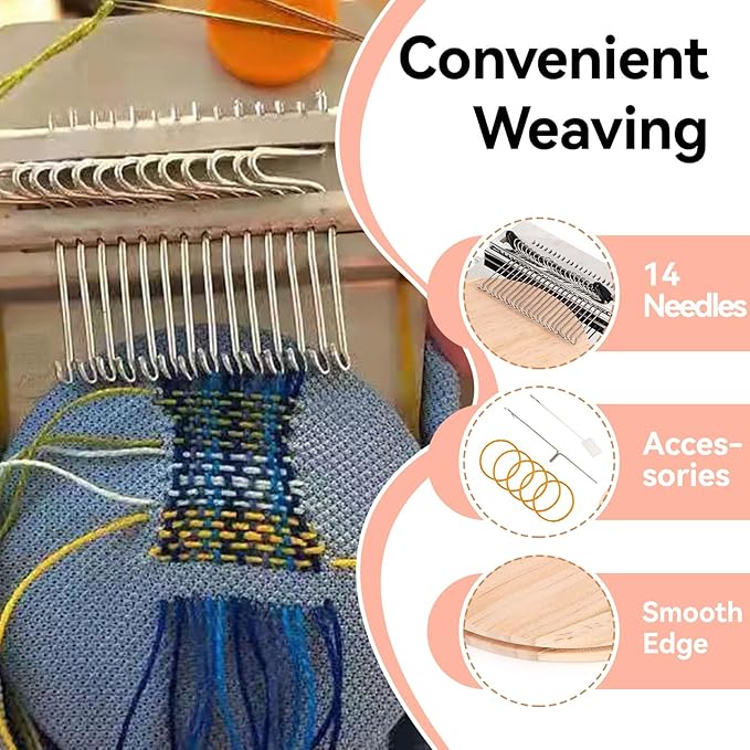 Agatige Speedweve Small Mini Darning Looms, Wooden Loom Speedweve Type Weave Tool Knit Patch Kit for DIY Crafts Mending Jeans Clothes Tapestries Carpets Scarves(14 Needles)