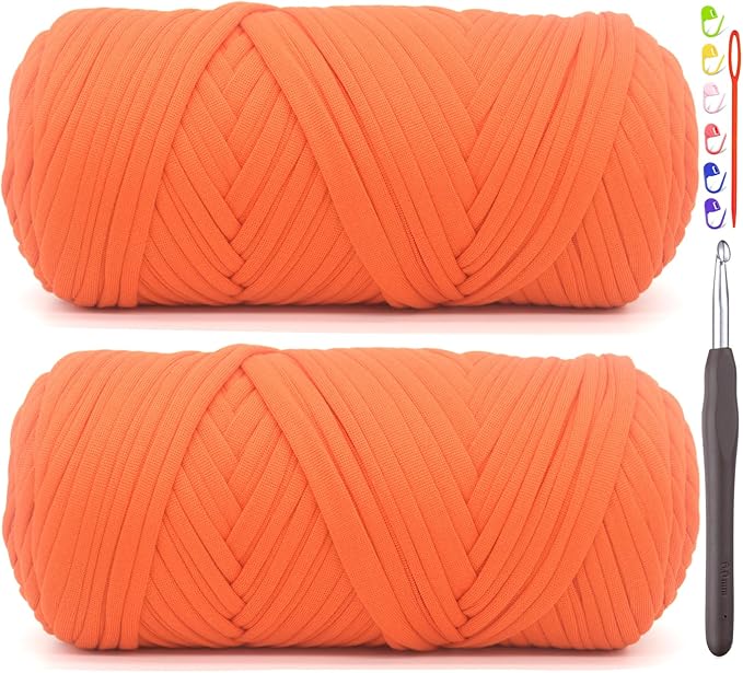 2 Pack Tshirt Yarn for Crocheting,Orange T Shirt Chunky Elastic Fabric Thick T-Shirt Crochet Yarn for Beginners Crocheting Hand Knitting Bag/Basket/Coasters/DIY Crafts/Home Decor 2 * 200G(Orange