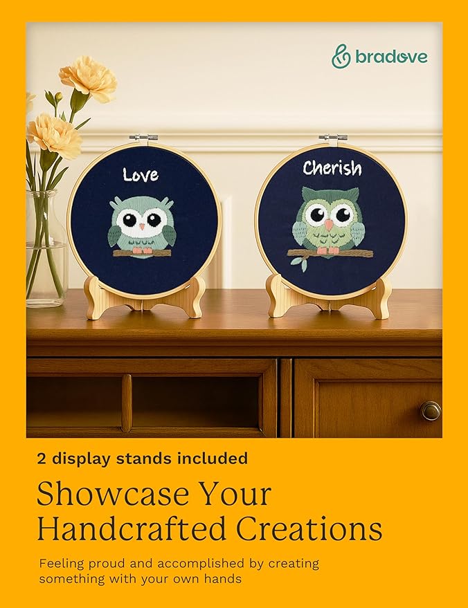 bradove embroidery kit for kids and adults, owls embroidery kit for beginners, easy needlepoint starter kit with 2 display stands