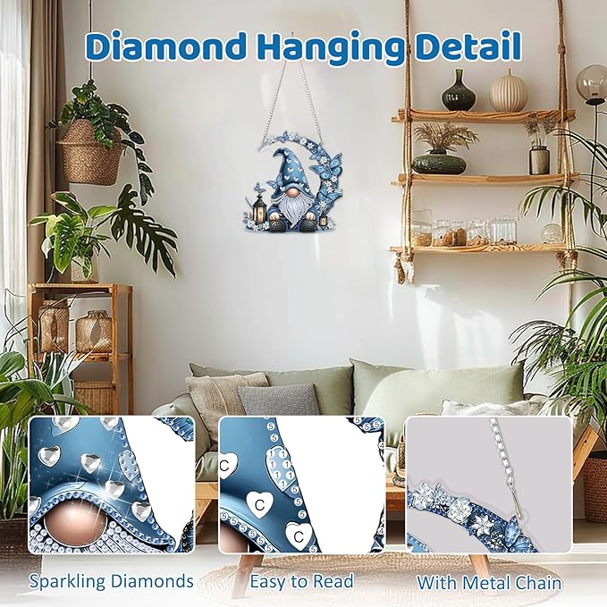 MEIYUDA Gnome Diamond Art Hanging Kits for Adult, Moon Gnome Diamond Painting Hanging Kits Ornaments, DIY Special Shaped Rhinestone Window Pendants Kit for Home Garden Wall Decor Gift