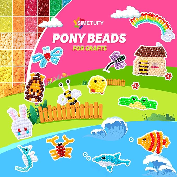 Simetufy 7200Pcs Pony Beads Bulk, 20 Assorted Colors 6x9MM Kandi Beads Kit for Bracelet Making Hair Braiding Jewelry Key Chains DIY Crafts Christmas Gifts (Stack Box)