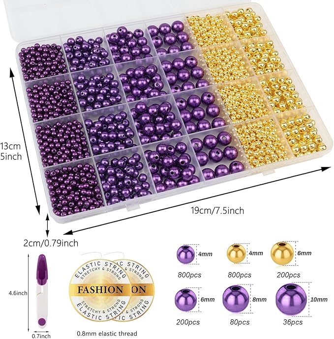 2116 PCS Pearl Beads for Bracelet Making Kit Gold Beads for Jewelry Making Kit Gold Small Spacer Bead Dark Purple Pearl Bead for Crafting Charms Necklace Earrings DIY Craft for Women Adult