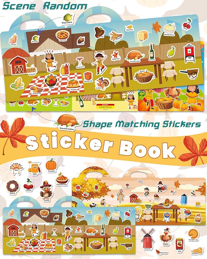 walenced reusable sticker book for toddlers, stickers for kids, toddler sticker book, toddler craft activities, toddler travel toys ages 3 and up boy girl birthday gifts - thanksgiving