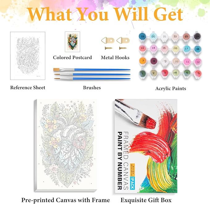 Okarina Framed Paint by Numbers Kit for Adults Beginner Heart, Adult Paint by Number Kits on Canvas Framed, DIY Acrylic Oil Painting by Numbers with Frame, Flower for Home Decor Gift 8 X 12 Inch