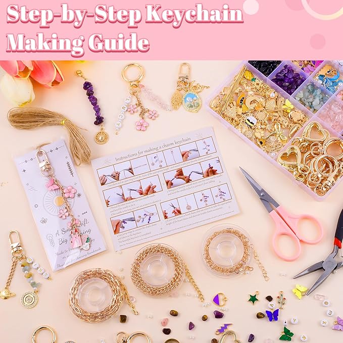 TOHONGADON 907 Pcs Lip Gloss Charms, Keychain Making Kit, Bag Charm Kit with 5 Kinds of Crystal Stones, 343 Charms, 24 Keychain Clips, Key Ring Jewelry Plier, Extender Chain for DIY Crafting