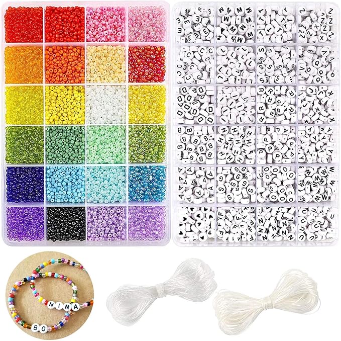 DICOBD Bracelet Making Kit, 12000pcs 3mm 24 Color Glass Seed Beads Kit, Friendship Bracelet Kit with Black Letters, DIY Jewelry Making Supplies for Kids, Girls, Beginners, Birthday Gift